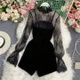 Set: Long Sleeve Mesh Top + Double Breasted Velvet Playsuit