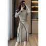 Long Sleeve Mock Neck Contrast Trim Tie-Waist Ribbed Knit Midi Sheath Dress