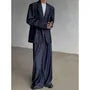 One Buttoned Denim Blazer / High Waist Wide Leg Dress Pants / Set
