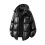 Hooded Plain Faux Leather Puffer Jacket