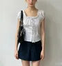 Puff Sleeve Scoop Neck Lace-TRim Tie-Front Slim-Fit Top
