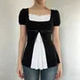 Short Sleeve Square-Neck Color-Block Ruffled-Trim A-Line Top