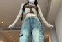 High Waist Washed Wide Leg Cargo Jeans