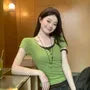 Mock Two-Piece Short-Sleeve Two-Tone Lace Trim Henley T-Shirt
