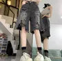 High Waist Washed Distressed Knee-Length Denim Shorts