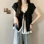 Short Sleeve Scoop Neck Mock-Two Piece Tie Front Layered Blouse