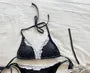 Set: Halter Dotted Lace Trim Bikini Top + Bottom + Cover Up Skirt