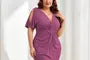 [XL -3XL] Short-Sleeve V-Neck Plain Cutout Ruched Front-Slit Midi Sheath Dress
