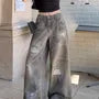 [40-42/2XL] Mid Waist Ripped Patchwork Washed Wide Leg Jeans