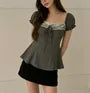 Puff Sleeve Square Neck Lace Panel Tie-Front Slim-Fit Top