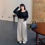 [XL-4XL]High Waist Plain Wide Leg Pants