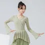 Long-Sleeve V-Neck Plain Ruffle Trim Dance Top