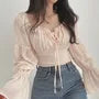Cinched Sleeve Square Neck Plain Ruched Tie Front Blouse