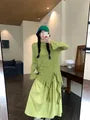 Long-Sleeve Mock Neck Plain Asymmetrical Ruffle Trim Oversized T-Shirt / High Rise Maxi A-Line Skirt