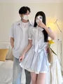 Couple Matching Short-Sleeve Collared Striped Button Up Shirt / Short-Sleeve Tie Neck Mini A-Line Dress
