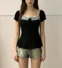 Puff Sleeve Square Neck Lace Panel Tie-Front Slim-Fit Top