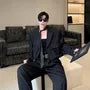 Set: Peak Lapel One-Buttoned Plain Crop Cargo Blazer + Mid Rise Wide Leg Dress Pants