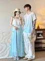 Couple Matching Short-Sleeve Gradient Shirt / Sleeveless Maxi A-Line Dress / Cardigan