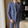 Set: Peak Lapel Melange Double-Breasted Blazer + V-Neck Vest + Mid Rise Straight Leg Dress Pants