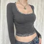 Long Sleeve Scoop Neck Lace-Trim Plain Slim-Fit Crop Top