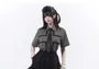 Collared Striped Studded Panel Shirt / Elastic Waist Plain Hook And Eye Ruffle A-Line Skirt / Necktie (Various Designs)