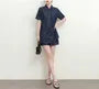 Set: Short-Sleeve Collared Asymmetrical Contrast Stitched Ruched Button-Up Blouse + High Waist Wide Leg Shorts