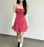 Set:  Spaghetti Strap Dotted Mini A-Line Dress + Light Scarf