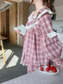 Pajama Set: Long-Sleeve Crew Neck Plaid Lace Panel Ruffle Trim Button-Up Top + Pants