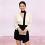 Long-Sleeve V-Neck Lace Panel Button-Up Sheer Crop Blouse