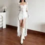 Long Sleeve Sweetheart Neck Plain Ruffle High-Low Lace A-Line Dress