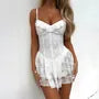 Spaghetti Strap V-Neck Plain Ruffle Trim Open Back Lace Mini A-Line Corset Dress