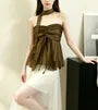 Plain Drawstring Ruched Mesh Tube Top with Scarf