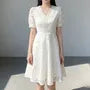 Puff-Sleeve V-Neck Midi A-Line Lace Dress