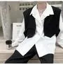 V-Neck Plain Crop Open Front Vest / Long-Sleeve Collared Plain Shirt
