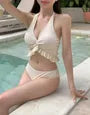 Set: Halter Plain Ruffle Bikini Top + Bottom + Tiered Cover Up Skirt