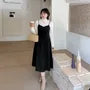 [XL-4XL] Set: Long-Sleeve Turtleneck Lace Top + Spaghetti Strap V-Neck Plain Midi A-Line Dress