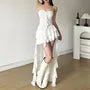 Spaghetti Strap Plain Asymmetrical Ruffle Trim Ruched Open Back High Low A-Line Dress
