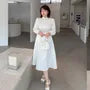 [XL-4XL] Long Sleeve Mandarin Collar Faux Pearl Trim Jacquard Midi A-Line Dress