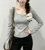 Long-Sleeve Henley Plain Lace Trim Tee
