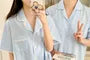 Couple Matching Pajama Set: Elbow-Sleeve Lapel Collar Striped Button-Up Top + Shorts (Various Designs)