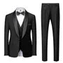 Set: Shawl Lapel Two Tone Single Breasted Blazer + V-Neck Button Vest + Mid Rise Plain Straight Leg Dress Pants