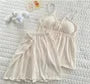 Pajama Set: Long-Sleeve Plain Button Top + Padded Camisole + Pants + Shorts