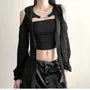 Long-Sleeve Cold-Shoulder Plain Asymmetrical Distressed Hooded Shrug