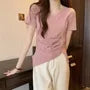 Short-Sleeve V-Neck Plain Ruched Asymmetrical Tee