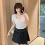 Puff Sleeve Square-Neck Plain Ruffled-Trim Blouse