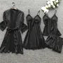 Pajama Set: Satin Panel Lace Camisole Top + Spaghetti Strap Nightdress + Shorts + Robe