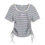 Short Sleeve Round Neck Striped Side-Drawstring Crop T-Shirt