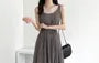 Spaghetti Strap Plain Accordion Pleated Tie-Waist Maxi A-Line Dress
