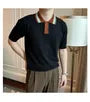 Short-Sleeve Striped Collar Knit Polo Top
