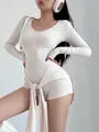 Long Sleeve Scoop Neck Plain Tie-Up Zip Romper